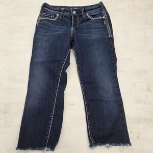 Silver Jeans Co Suki Flap Crop Women 29 Dark Blue Y2K Bling Baggy Denim Raw Hem